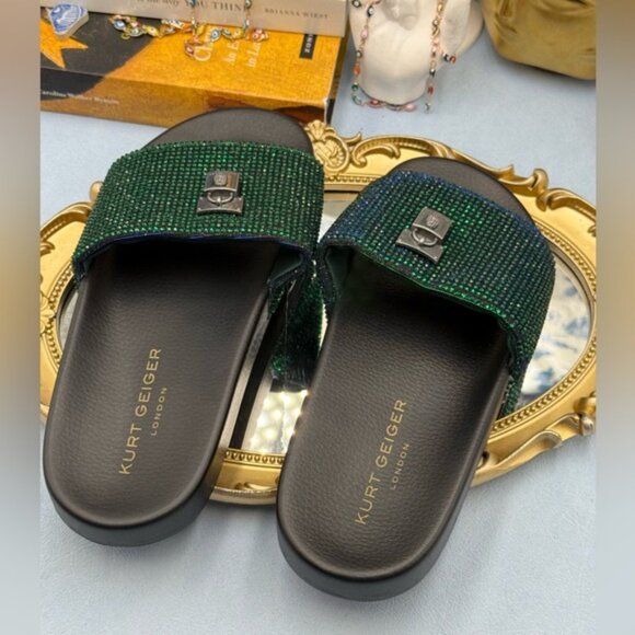 🆕 KURT GEIGER LONDON 🧿 NWOB Brixton Poolslide, Blue Green Crystals - Sz 37 US7 - Picture 11 of 15